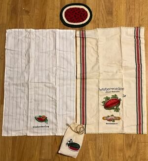 NEW 3 Pc Set Watermelon Kitchen 2 Tea Towels 1 Natural Woven Oval Hot Pad